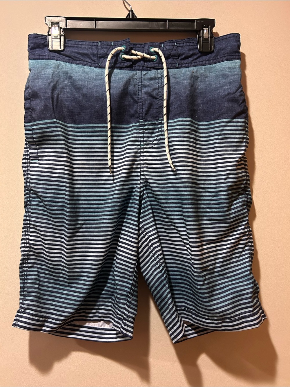 Goodfellow & Co 9" Navy Teal Stripe Swim Board Trunks Shorts Liner Small Pockets